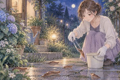 ナメクジを落ち着いて取り除く女性