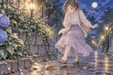 足元のナメクジを踏んで驚く女性