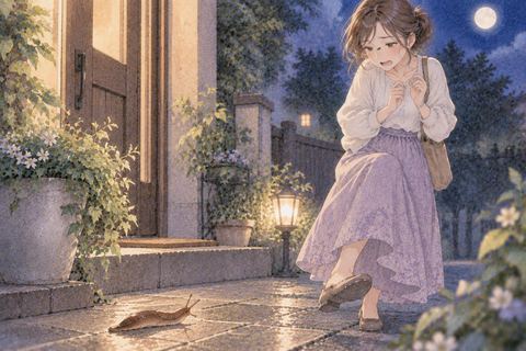 ナメクジを見て距離を取る女性