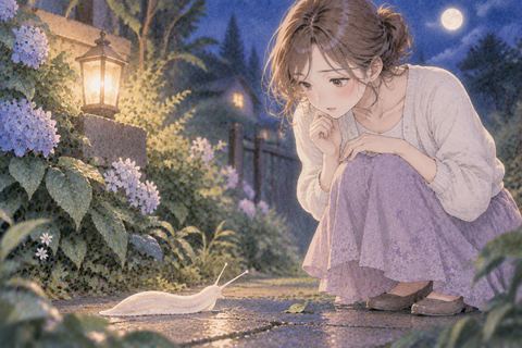 白いナメクジを不思議そうに見る女性