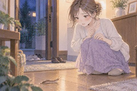 家の床のナメクジを見つける女性