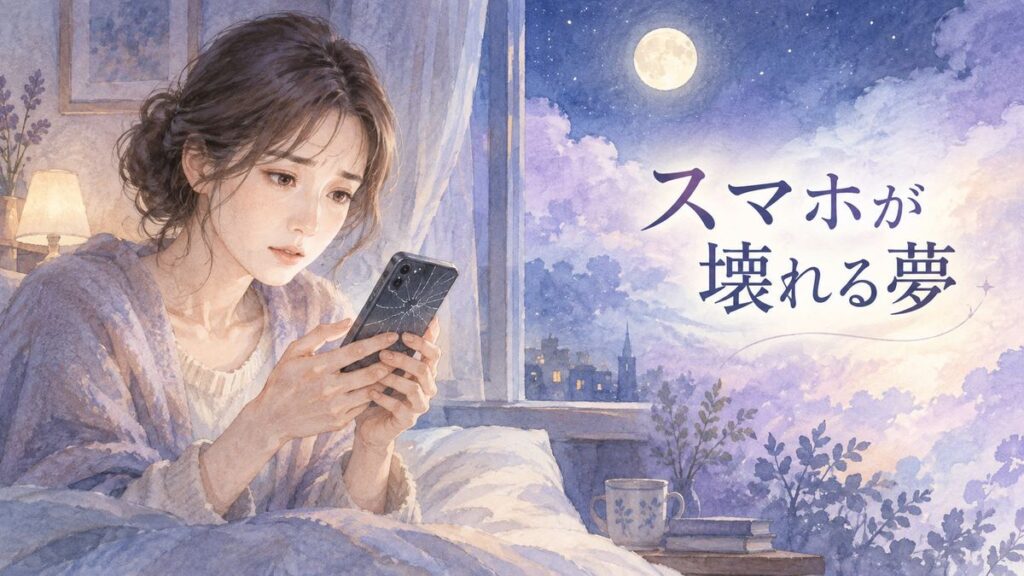 夜の室内で壊れたスマホを見つめる大人の女性と淡い月明かり