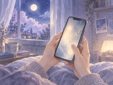 夜の部屋でひびの入ったスマホ画面を手にする人物