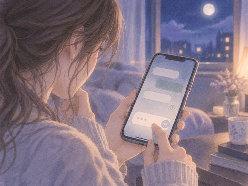 送信できず止まったメッセージ画面のスマホを持つ手元