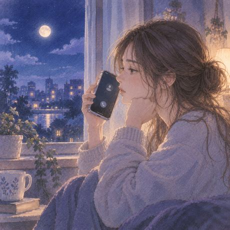 夜の窓辺で発信できないスマホを持つ人物の横顔