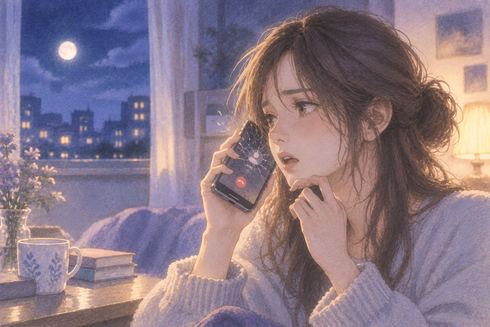 通話中に画面が消えかけたスマホと戸惑う人物