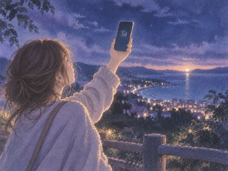 夜の場所で通信が途切れたスマホを掲げる人物と遠くの光