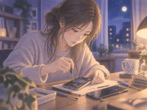 夜の机で壊れたスマホを修理しようとする人物の手元