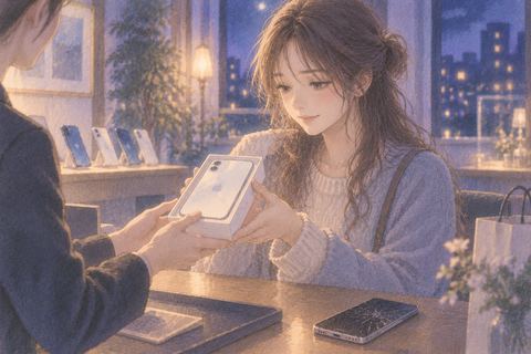 夜の店内のような静かな空間で新しいスマホを手にする人物