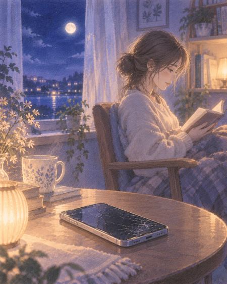 窓辺の机に置かれた壊れたスマホと静かに本を読む人物