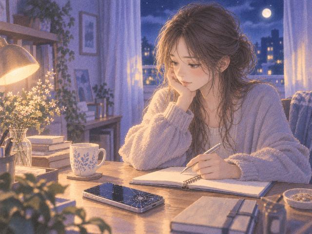夜の机で壊れたスマホと手帳を前に、自分の気持ちを見つめる人物