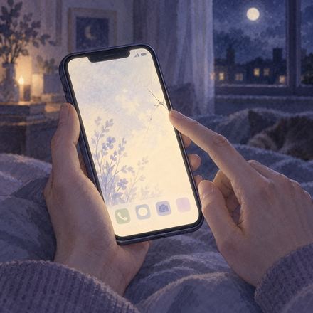 淡い夜明かりの中で小さなヒビの入ったスマホを見つめる手元