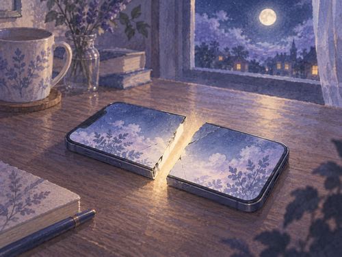 夜の机の上で真っ二つに分かれたスマホと静かな光
