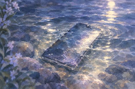 浅い水に沈んだスマホと水面に揺れる淡い夜の光