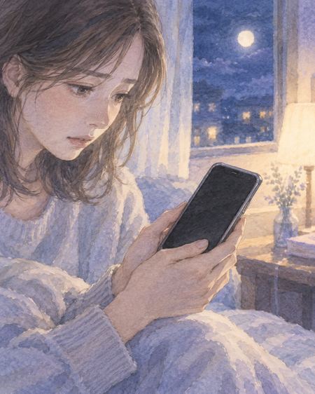 暗い画面のスマホを両手で持ち、淡い夜明かりに包まれた人物