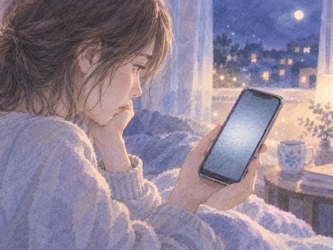 止まったままのスマホを見つめる人物の手元と夜の窓明かり