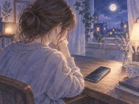 夜の机で自分の手元に置いた壊れたスマホを見つめる人物