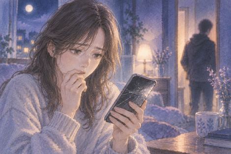夜の部屋で壊されたスマホを手にする人物と遠くにぼやけた人影