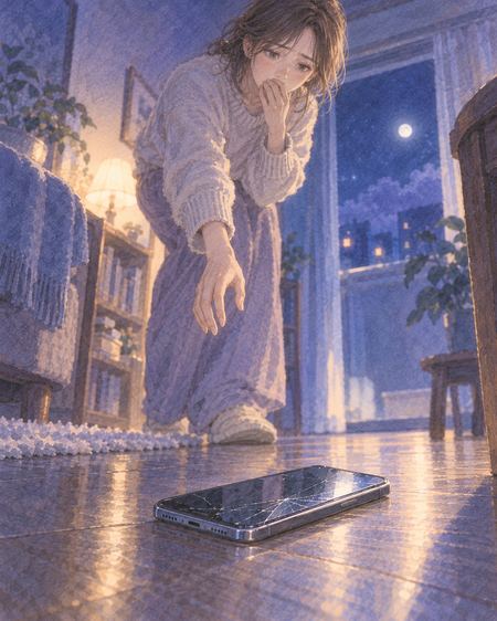 夜の床に落ちたスマホと、それを見て立ち止まる人物