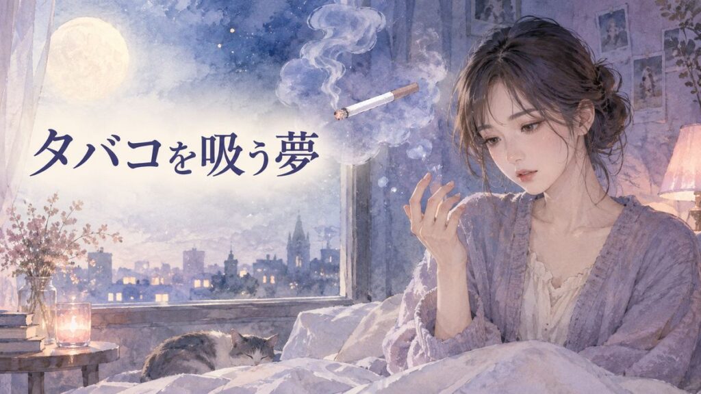 夜の窓辺で夢の余韻に戸惑う大人の女性と淡く漂うタバコの煙