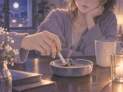 灰皿でタバコの小さな火を静かに消す手元