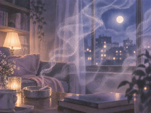 夜の部屋に淡く漂うタバコの煙とぼんやりした窓明かり