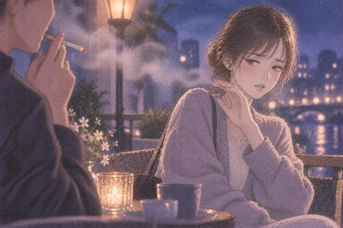 横から流れてくるタバコの煙を顔をそらして避ける女性