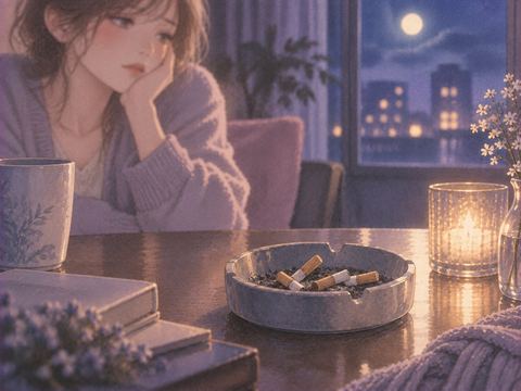静かな夜のテーブルに残された数本のタバコの吸い殻