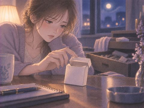 夜の机に置かれた無地のタバコの箱を見つめる手元
