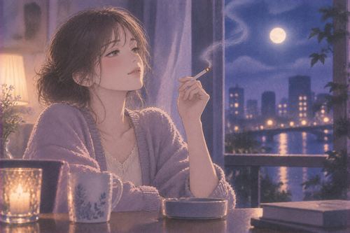 夜の窓辺で静かに息をつき穏やかな表情を見せる女性
