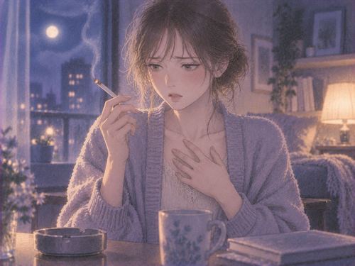 タバコを手にしてはっと気づき後悔した表情を見せる女性
