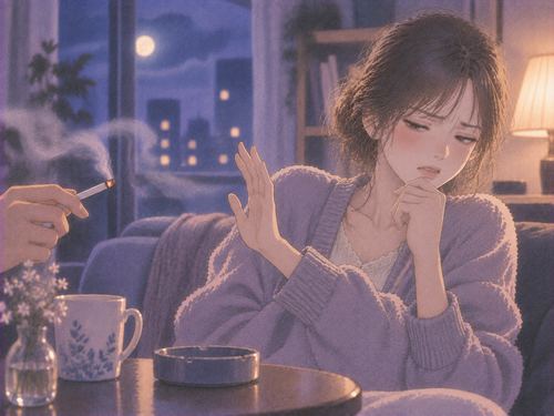 タバコの煙を嫌がり顔をそらす女性の夢の場面