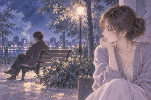 夜のベンチでタバコを吸う知らない人物を少し離れて見る女性
