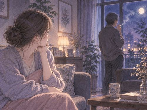 家の窓辺でタバコを吸う家族を心配そうに見つめる女性