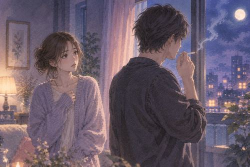 夜の窓辺でタバコを吸う親しい相手を戸惑いながら見つめる女性