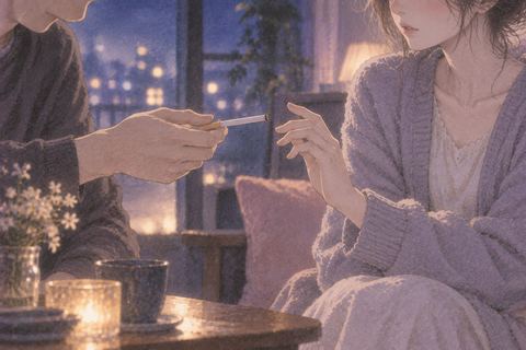 差し出されたタバコを受け取るか迷う二人の手元