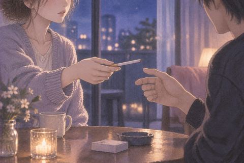タバコを相手へ差し出す二人の手元の夢の場面