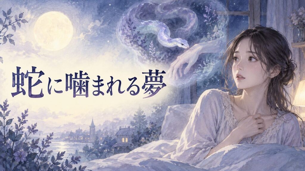 月明かりの部屋で蛇に噛まれる夢を思い返す大人の女性と夢の蛇