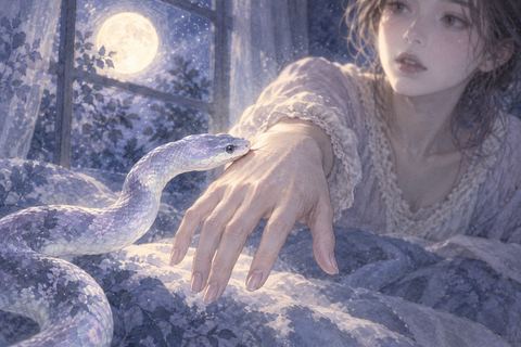 夜の夢の中で伸ばした右手の甲へ蛇が近づく場面