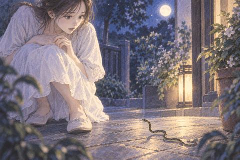 足元の小さな蛇に気づいて立ち止まる夢の場面