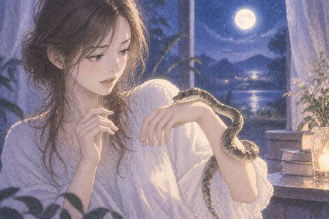 蛇が手元に触れても落ち着いて見つめる人物の夢