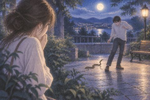 蛇に近づかれた見知らぬ人物を離れて見つめる夢の場面