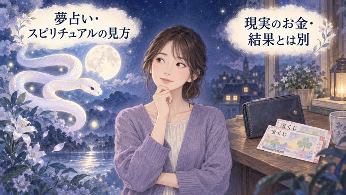 白蛇の夢の象徴と宝くじや現実のお金を別々に見つめる女性の図