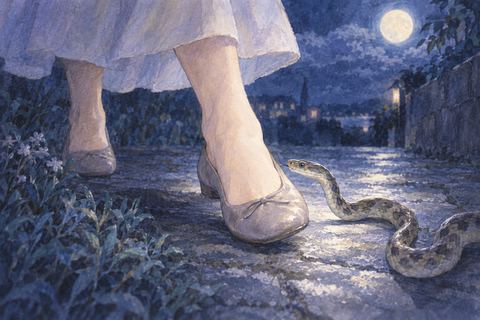 月夜の道で歩き出した足元へ蛇が近づく夢の場面