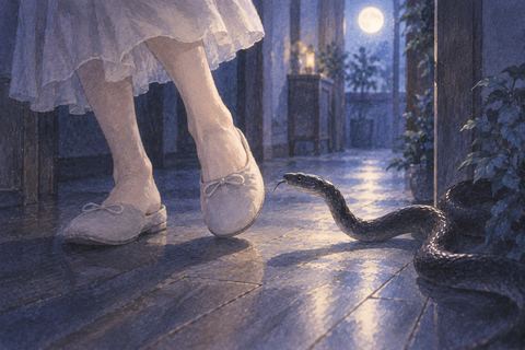 薄明かりの中で黒い蛇が足元から現れる夢の場面