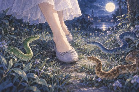 緑と青と茶色の蛇が夜の草地に現れる夢の場面