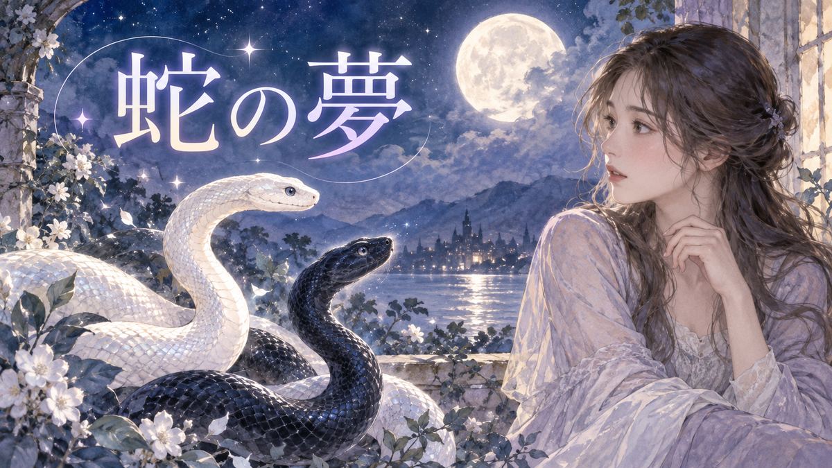 月明かりの夜に白い蛇と黒い蛇を見つめる大人の女性
