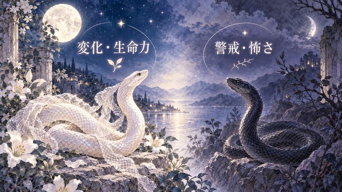 脱皮する蛇と警戒する蛇を左右に分けた夢の図