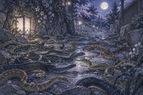 夜の床にたくさんの蛇がいる夢の場面