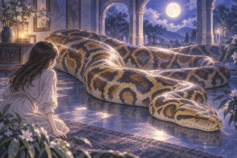 夜の室内に横たわる大きなニシキヘビ